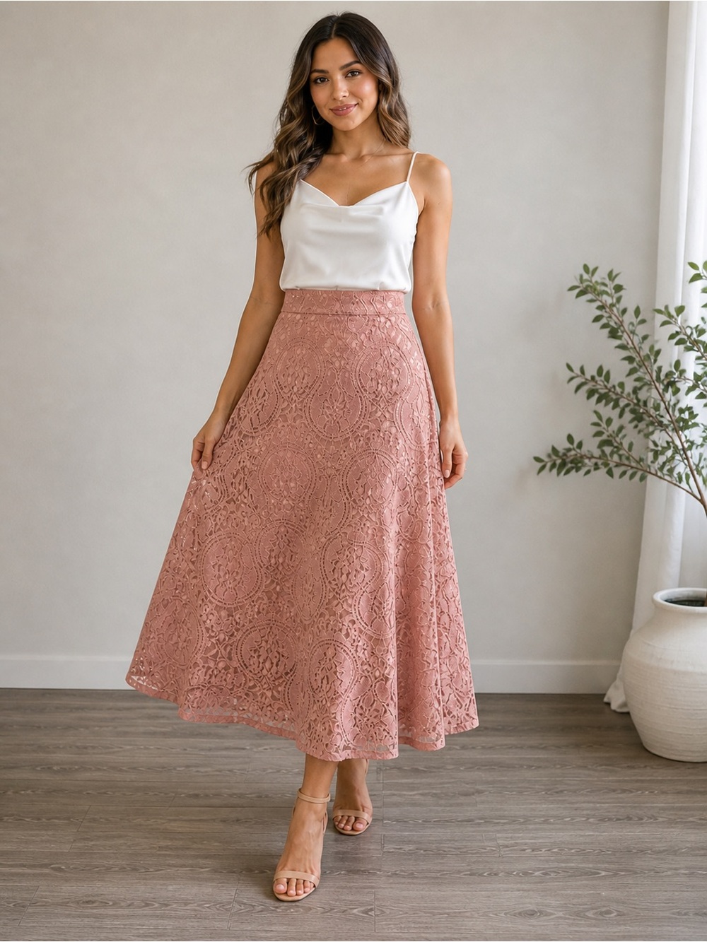 SVS Dusty Rose Lace Midi Skirt